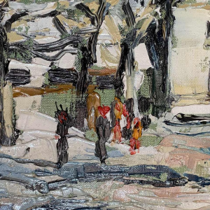 Renée THEOBALD (1926-2014): « Le village des Houches sous la neige. » hst 33x41