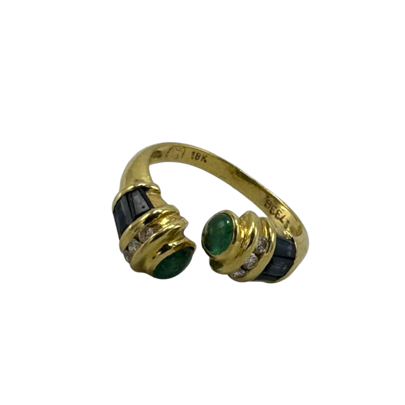 Bague 'toi et moi' en or jaune 18 K sertie de saphirs et cabochons d'émeraudes