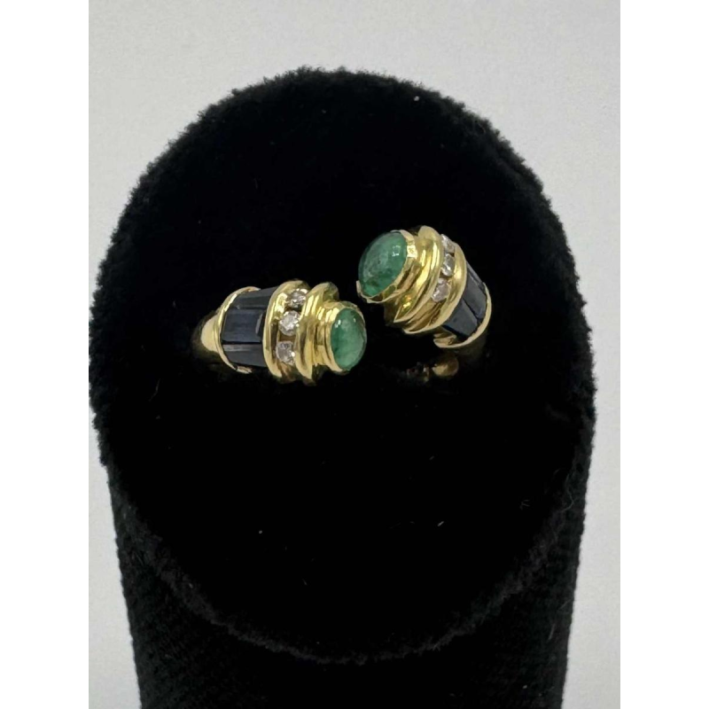 Bague 'toi et moi' en or jaune 18 K sertie de saphirs et cabochons d'émeraudes