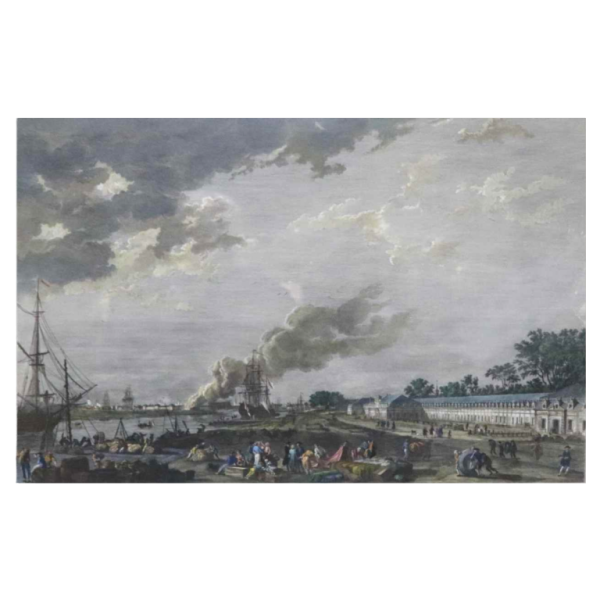 Watercolor etching "Le Port de Rochefort" Le Bas - Cochin fils - Vernet 1767