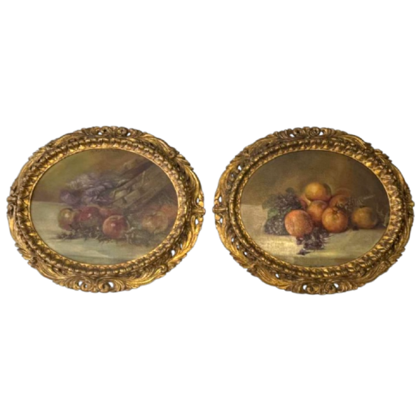 Piero Galanti 'Nature morte - fruits et fleurs' paire d'huiles sur toile ovales, 20ème siècle