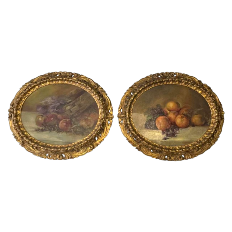 Piero Galanti 'Still life - fruit and flowers' pair of oval oils on canvas, 20th century