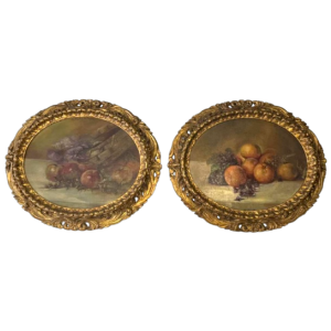 Piero Galanti 'Nature morte - fruits et fleurs' paire d'huiles sur toile ovales, 20ème siècle