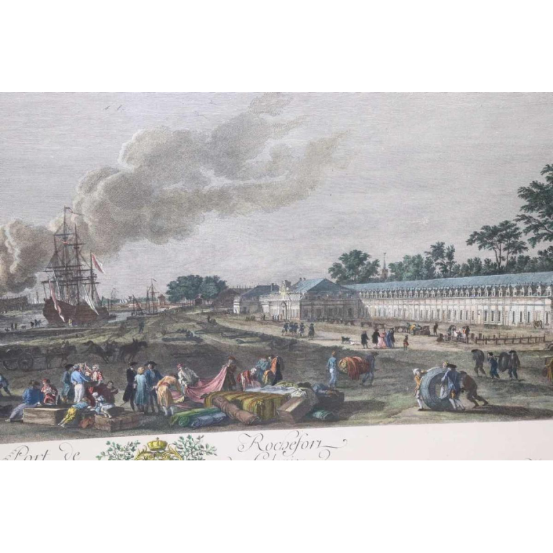 Watercolor etching "Le Port de Rochefort" Le Bas - Cochin fils - Vernet 1767