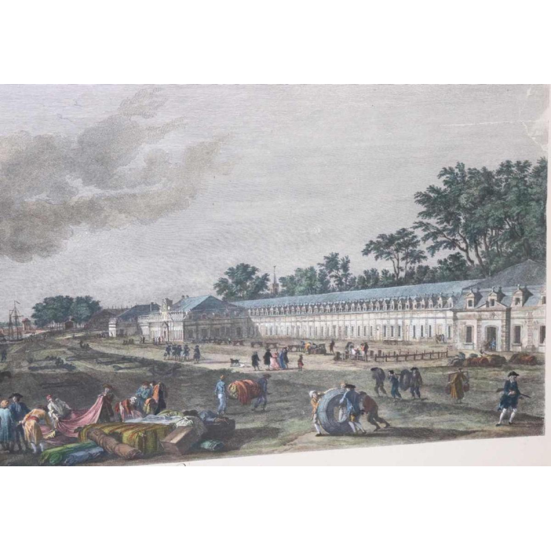 Watercolor etching "Le Port de Rochefort" Le Bas - Cochin fils - Vernet 1767