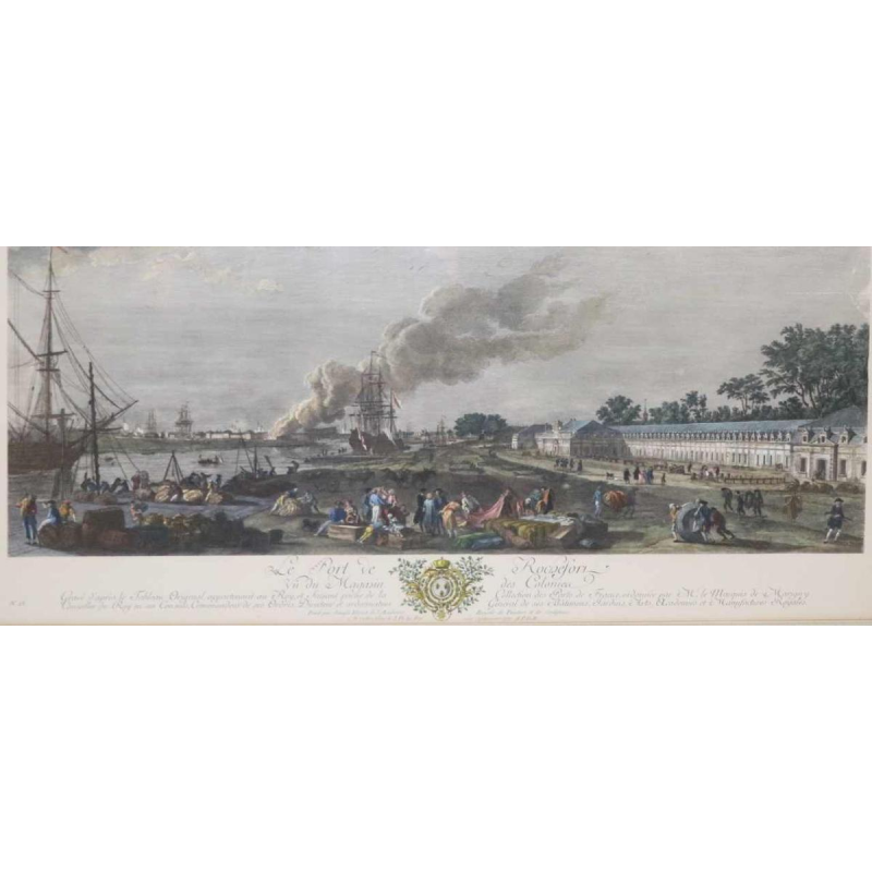 Watercolor etching "Le Port de Rochefort" Le Bas - Cochin fils - Vernet 1767