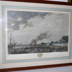 Watercolor etching "Le Port de Rochefort" Le Bas - Cochin fils - Vernet 1767