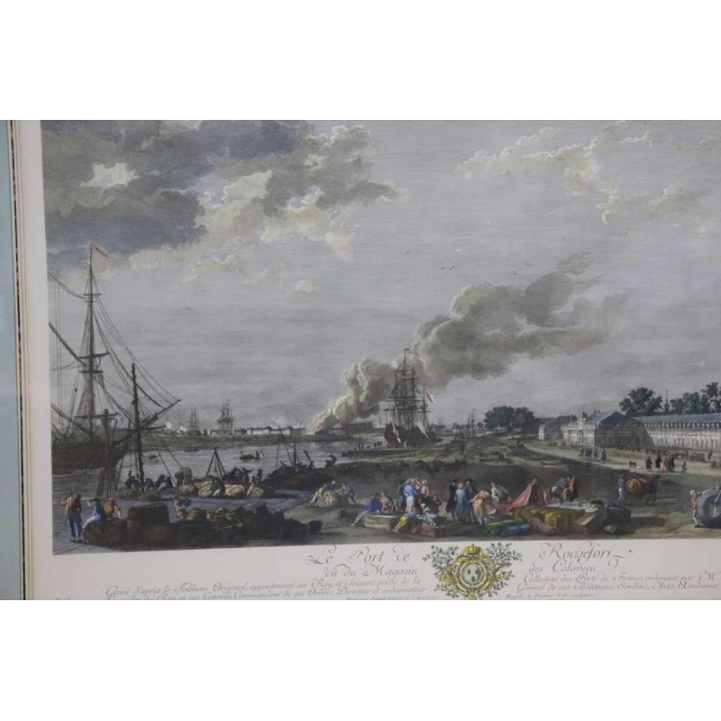 Watercolor etching "Le Port de Rochefort" Le Bas - Cochin fils - Vernet 1767