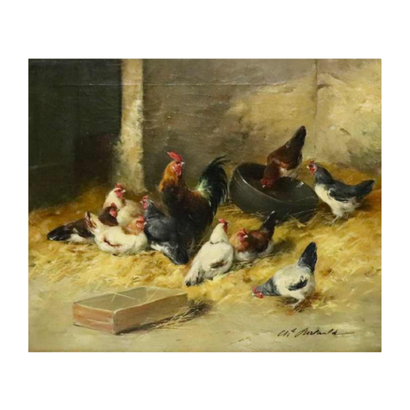 Charles Bertauld - huile sur toile - scène de basse-cour - tableau XIXème