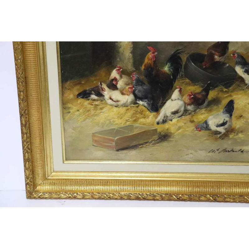 Charles Bertauld - huile sur toile - scène de basse-cour - tableau XIXème
