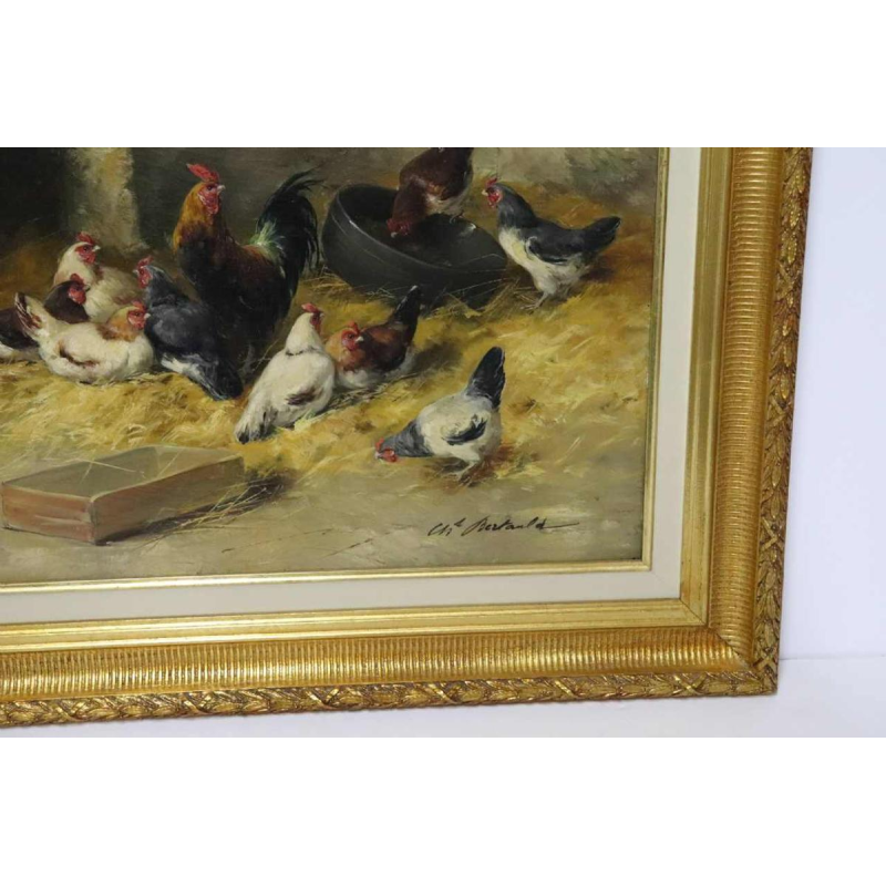 Charles Bertauld - huile sur toile - scène de basse-cour - tableau XIXème