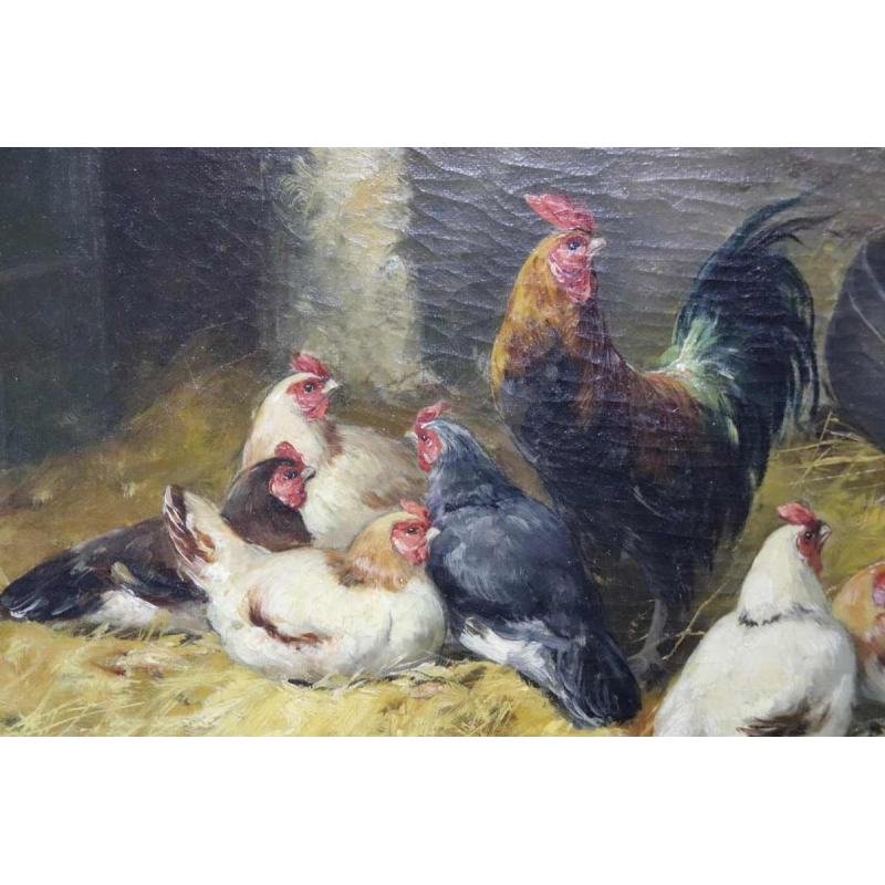 Charles Bertauld - huile sur toile - scène de basse-cour - tableau XIXème