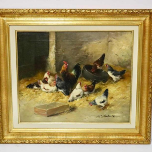 Charles Bertauld - huile sur toile - scène de basse-cour - tableau XIXème