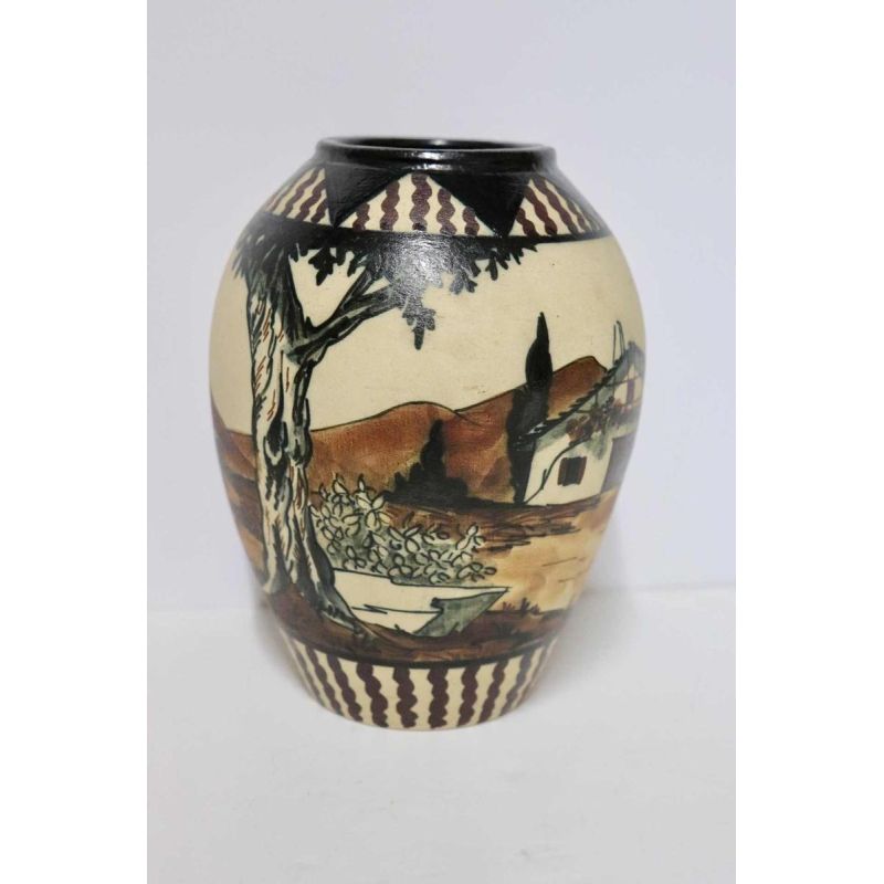 Pedro Garcia de Diego - Ciboure - Vase décor basque Art Déco en grès émaillé - France