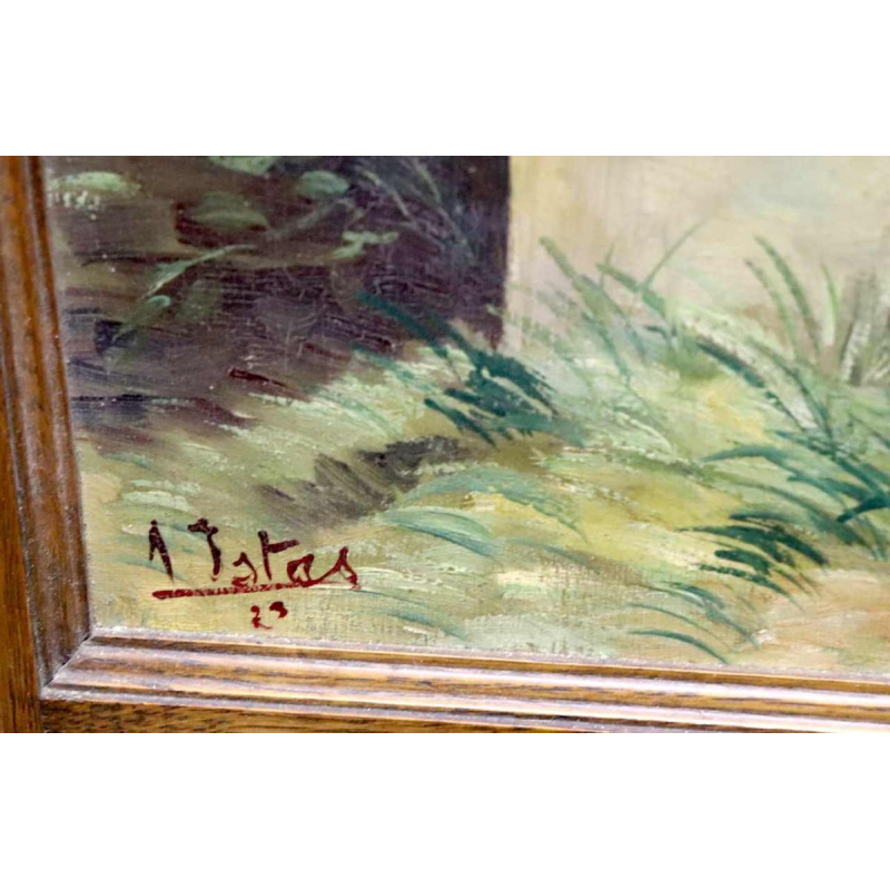 Auguste Ista, huile sur panneau, encadrement en chêne, vers 1920