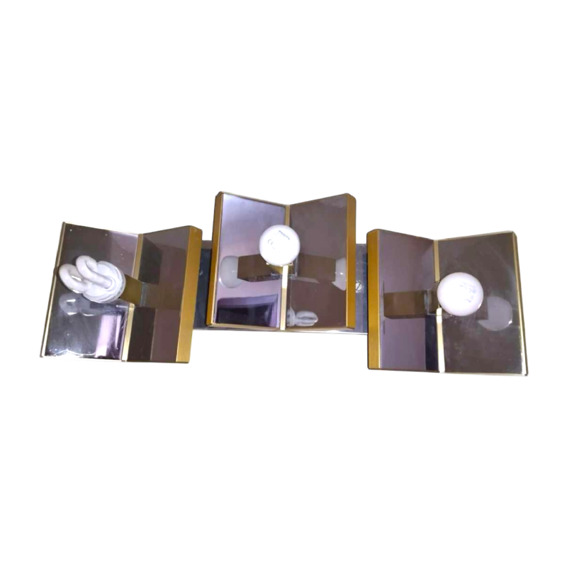 GAETANO SCIOLARI, Pair of Hollywood Regency wall lights sconces, chromed steel & gilded brass, ca 1970