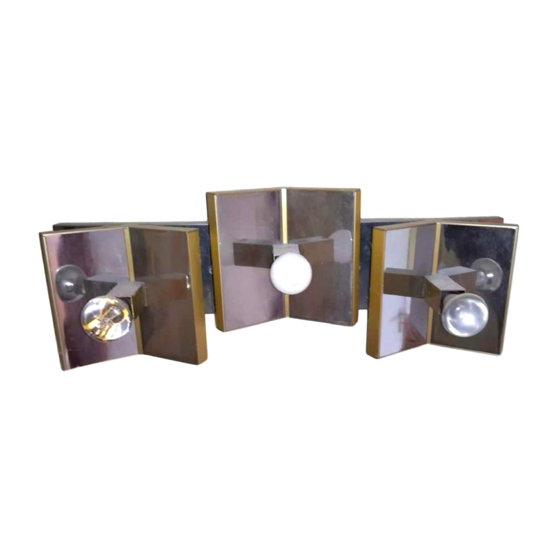 GAETANO SCIOLARI, rare paire d'appliques Hollywood Regency, acier chromé & laiton doré, ca 1970