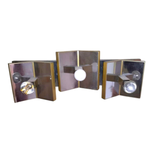 GAETANO SCIOLARI, rare paire d'appliques Hollywood Regency, acier chromé & laiton doré, ca 1970