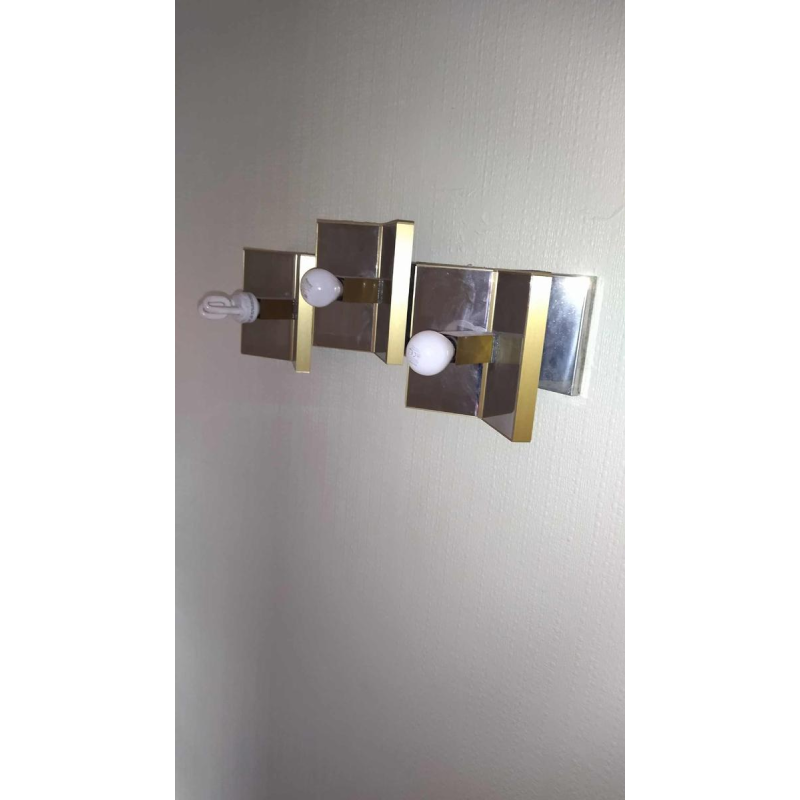 GAETANO SCIOLARI, rare paire d'appliques Hollywood Regency, acier chromé & laiton doré, ca 1970