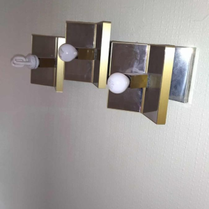 GAETANO SCIOLARI, rare paire d'appliques Hollywood Regency, acier chromé & laiton doré, ca 1970