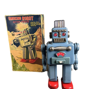 Smoking Spaceman Robot en métal bleu dans sa boite d'origine, Yonezawa Japon ca 1960