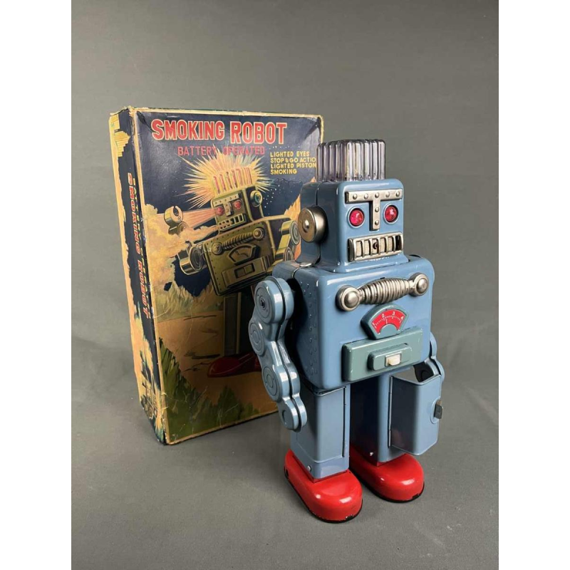 Rokende Ruimteman Robot van blauw metaal in originele doos, Yonezawa Japan, ca 1960