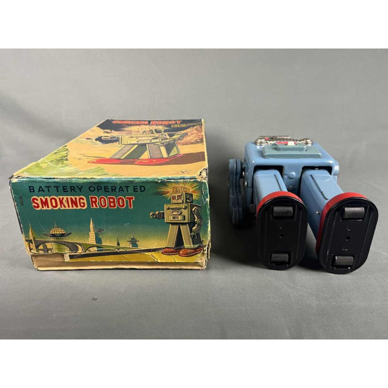 Rokende Ruimteman Robot van blauw metaal in originele doos, Yonezawa Japan, ca 1960