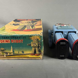 Smoking Spaceman Robot in blue metal in original box, Yonezawa Japan, ca 1960