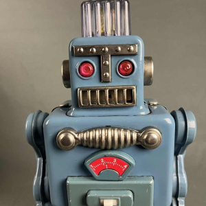 Rokende Ruimteman Robot van blauw metaal in originele doos, Yonezawa Japan, ca 1960