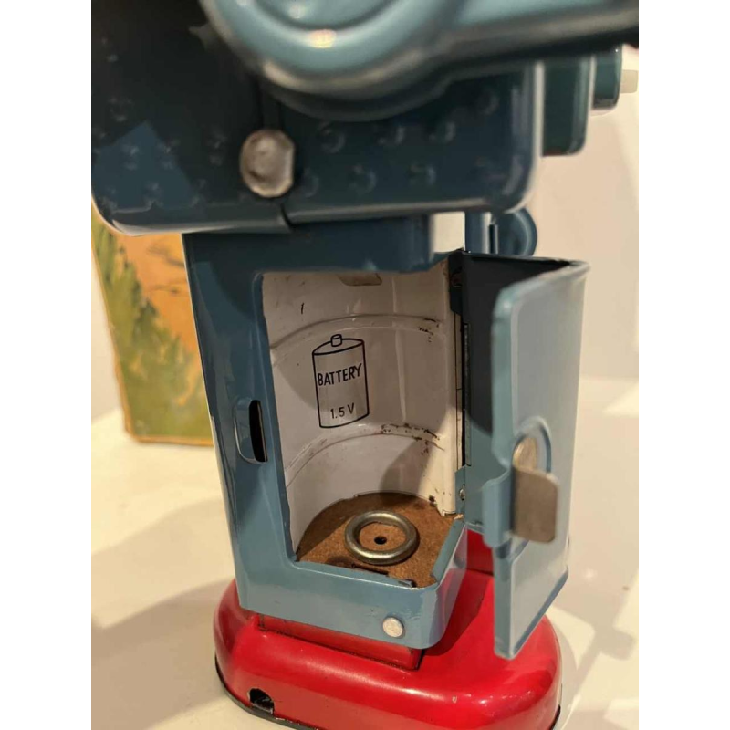 Rokende Ruimteman Robot van blauw metaal in originele doos, Yonezawa Japan, ca 1960