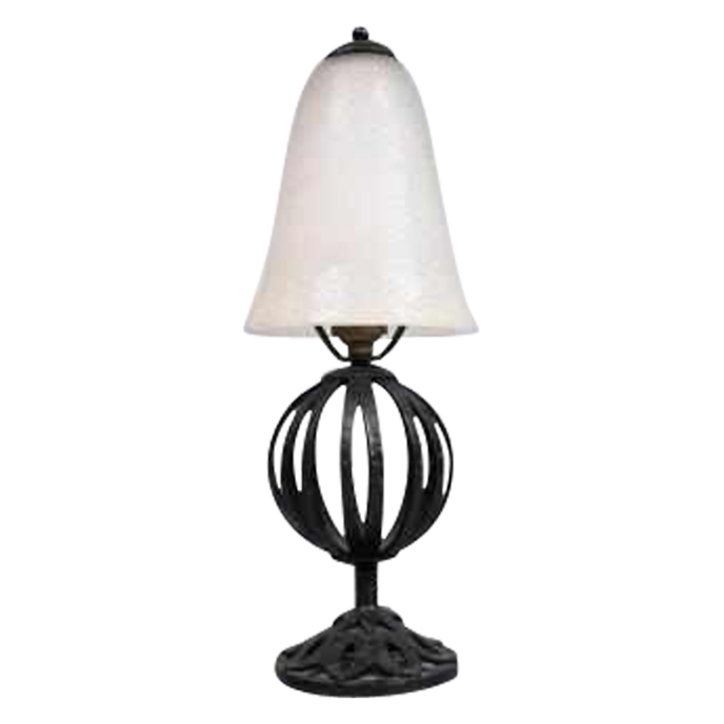 SOLD.Lampe 1920 en fer forgé tulipe dégagée à l' acide signée Lorrain