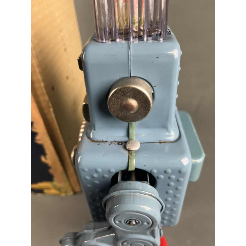 Smoking Spaceman Robot in blue metal in original box, Yonezawa Japan, ca 1960