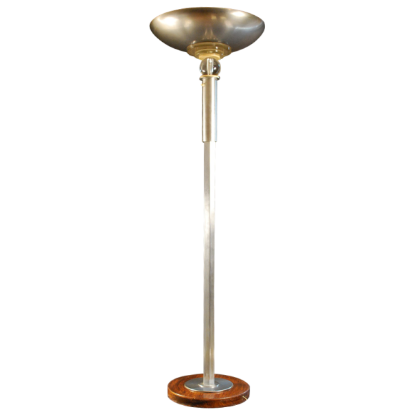 Lampadaire Art Déco, vasque métal chromé, boule en verre, pied noyer, circa 1930