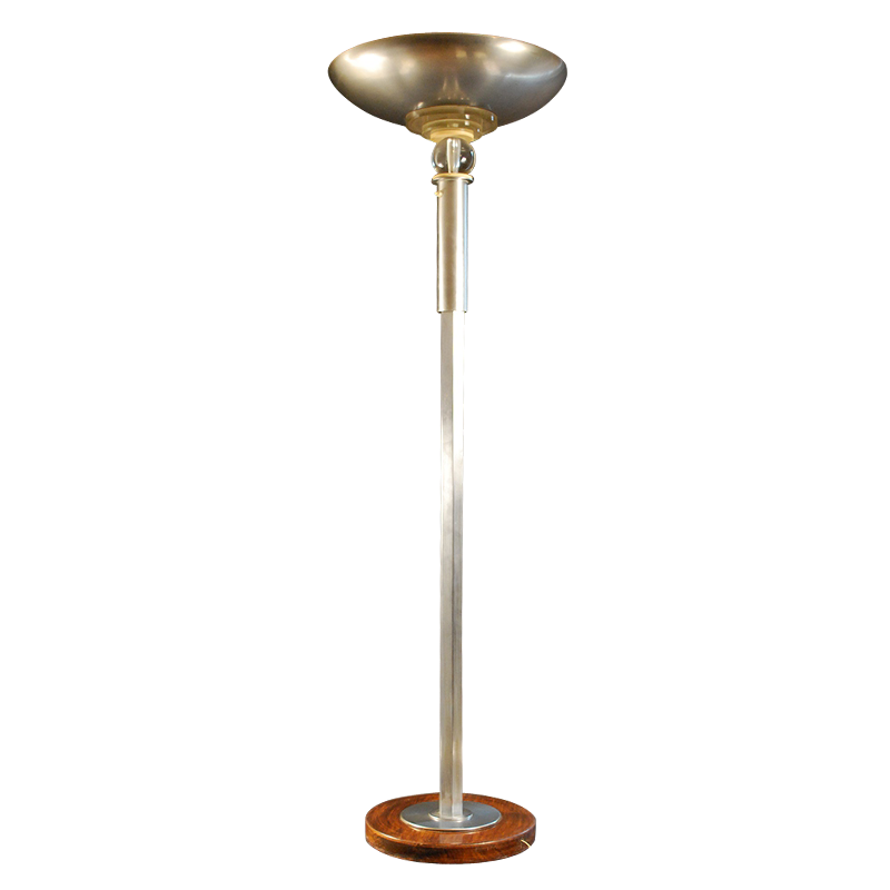 Art Deco Floor lamp, chrome metal bowl, glass ball, walnut foot, circa 1930