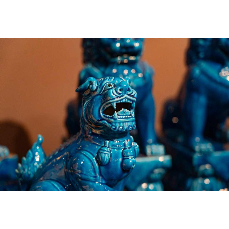 Set van 6 Fô honden, blauw gelakt Chinees porselein, 20e eeuw