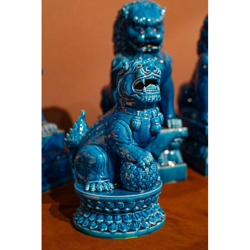 Set van 6 Fô honden, blauw gelakt Chinees porselein, 20e eeuw