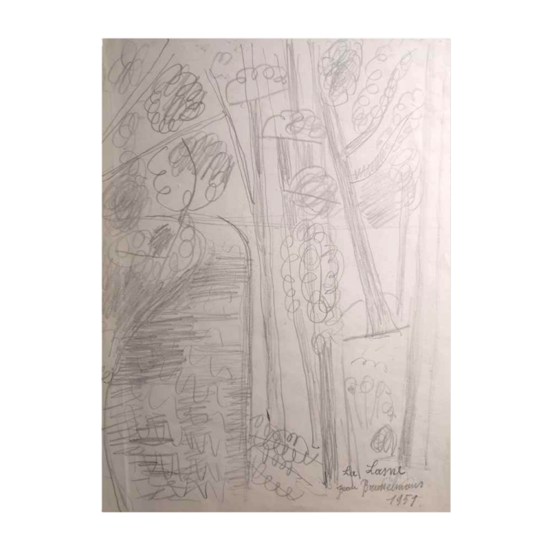 Jean Brusselmans, rivière "La Lasne" dessin au crayon sur papier, 1951