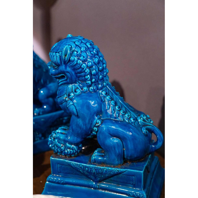 Set van 6 Fô honden, blauw gelakt Chinees porselein, 20e eeuw