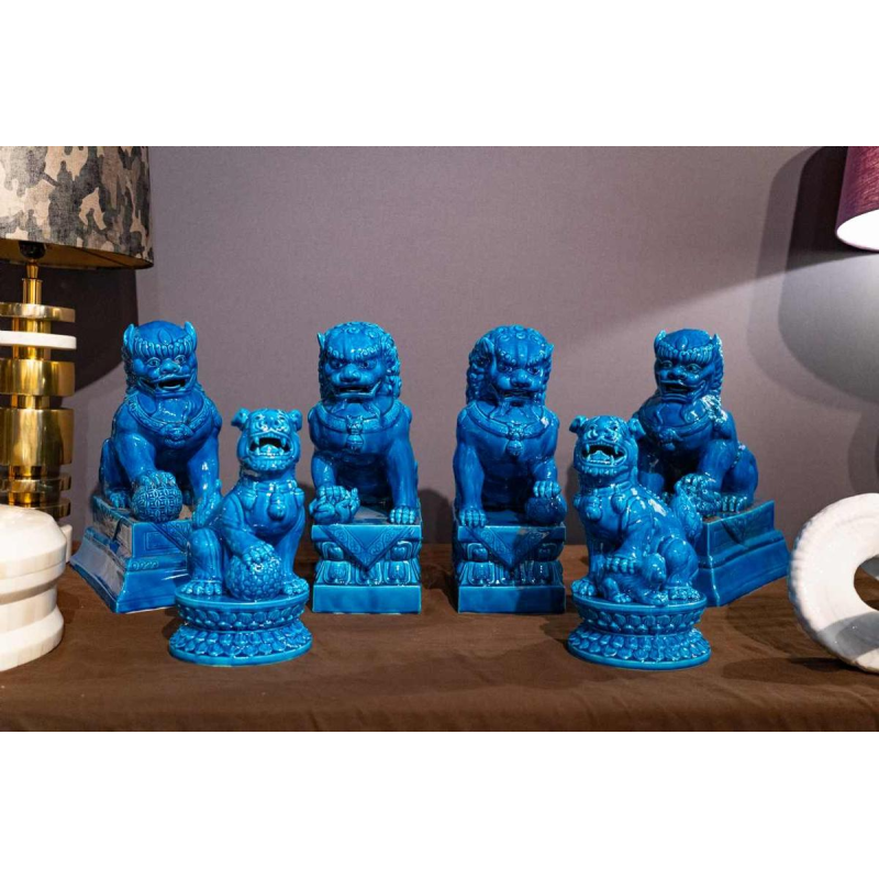 Set van 6 Fô honden, blauw gelakt Chinees porselein, 20e eeuw