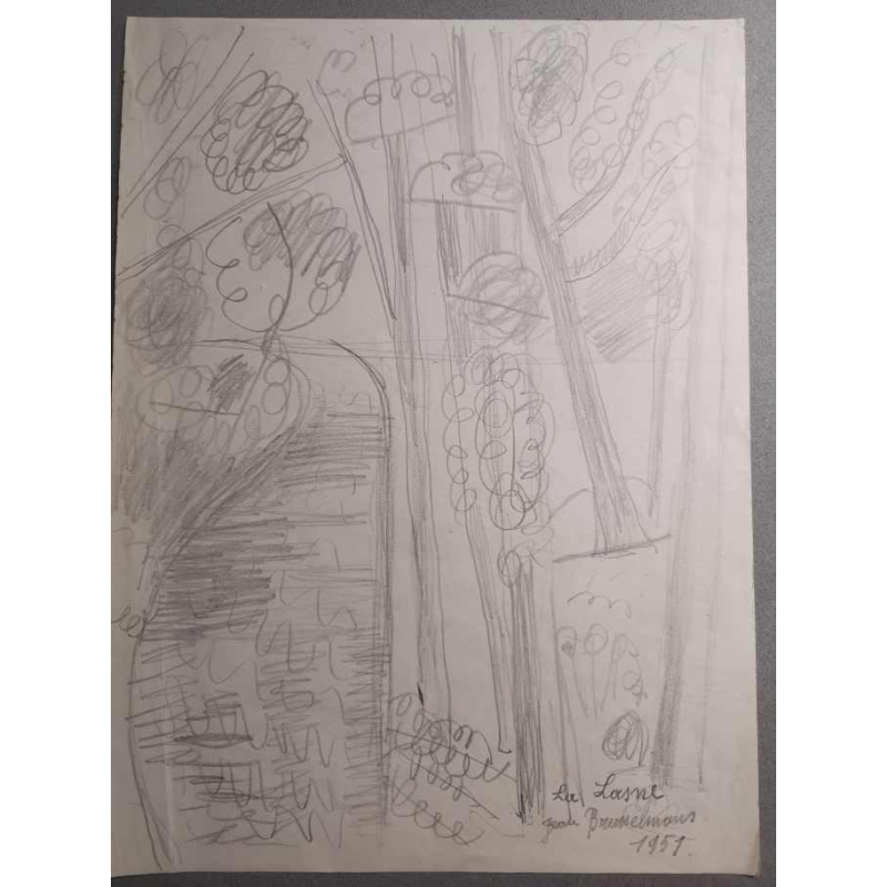 Jean Brusselmans La Lasne rivier, potloodtekening op papier, 1951