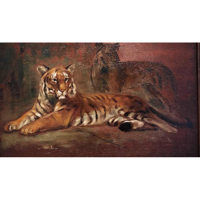 Henri van Zuylen, oil on panel, painted on both sides, landscape and tigers.