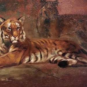 Henri van Zuylen, oil on panel, painted on both sides, landscape and tigers.