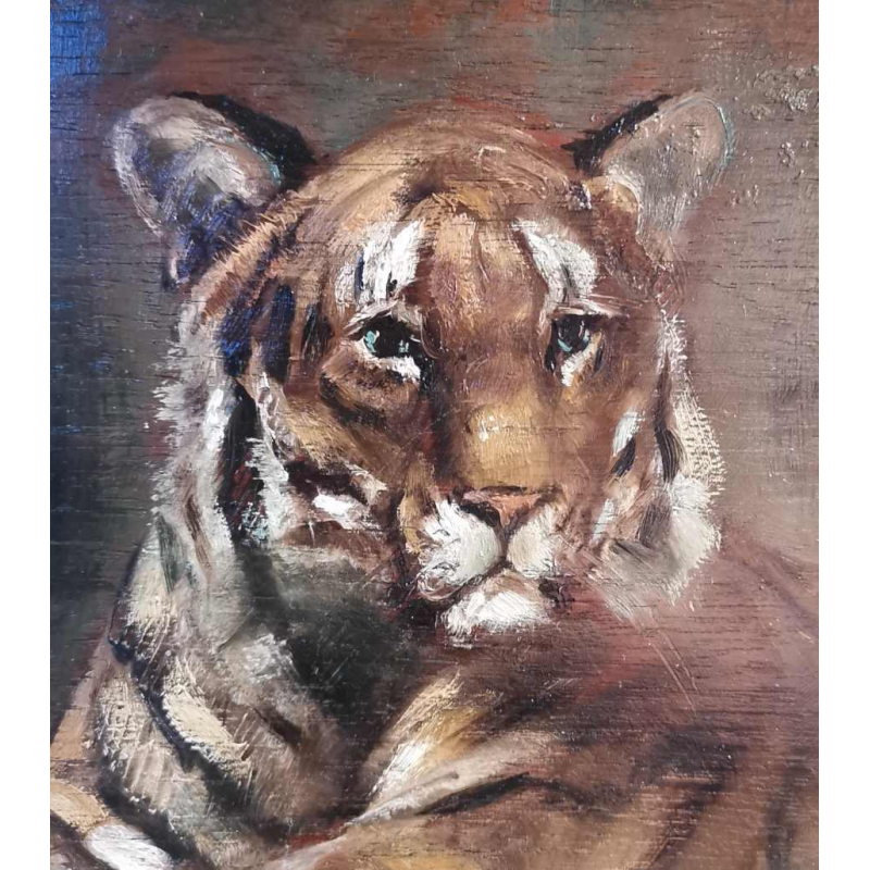 Henri van Zuylen, oil on panel, painted on both sides, landscape and tigers.