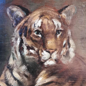 Henri van Zuylen, oil on panel, painted on both sides, landscape and tigers.