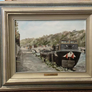 Alphonse CREPIN (1931-2010): De schuit aangemeerd bij de brug van Jambes.