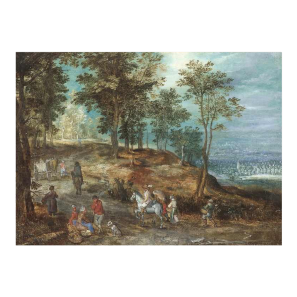 Jan BRUEGHEL de oude 'de velours' landschap met koets, schilderij olieverf op koper, 16e eeuw