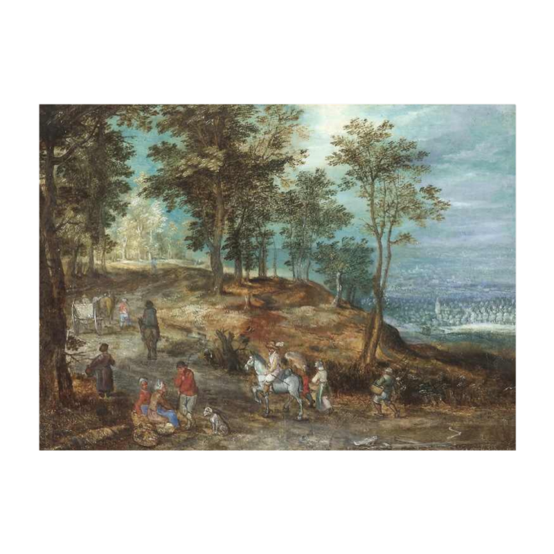 Jan BRUEGHEL le vieux dit 'de velours ' paysage à la calèche, tableau huile sur cuivre, 16ème siècle