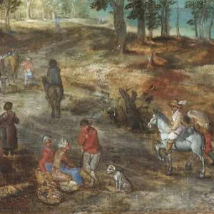 Jan BRUEGHEL de oude 'de velours' landschap met koets, schilderij olieverf op koper, 16e eeuw