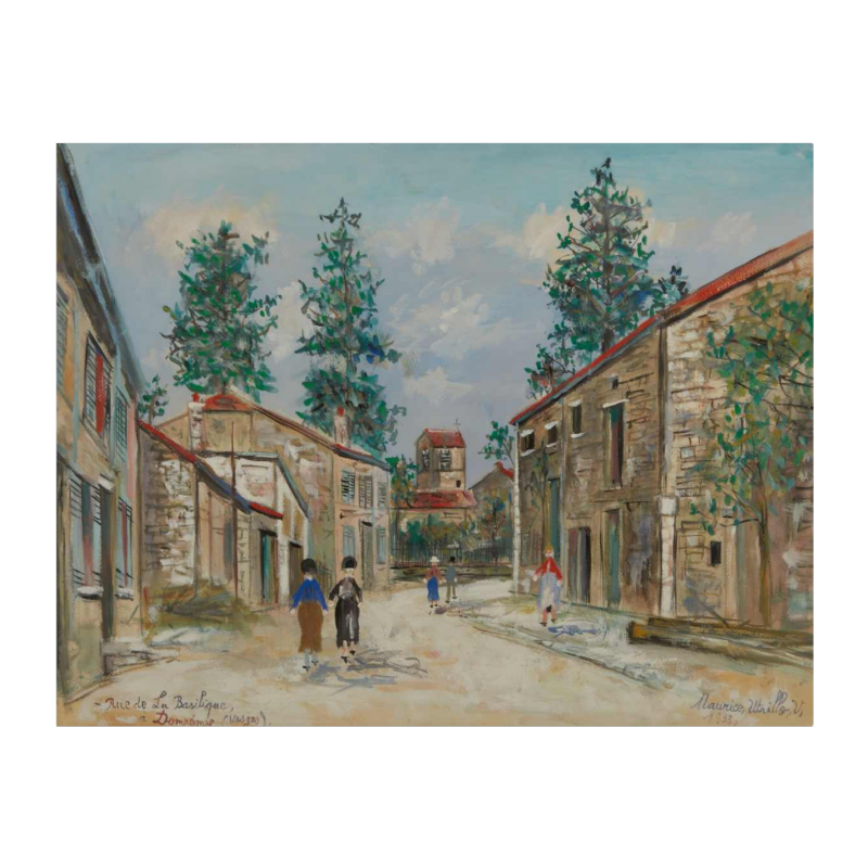 Maurice UTRILLO " Promeneurs rue de la basilique à Dom Remy", tableau gouache, 1933