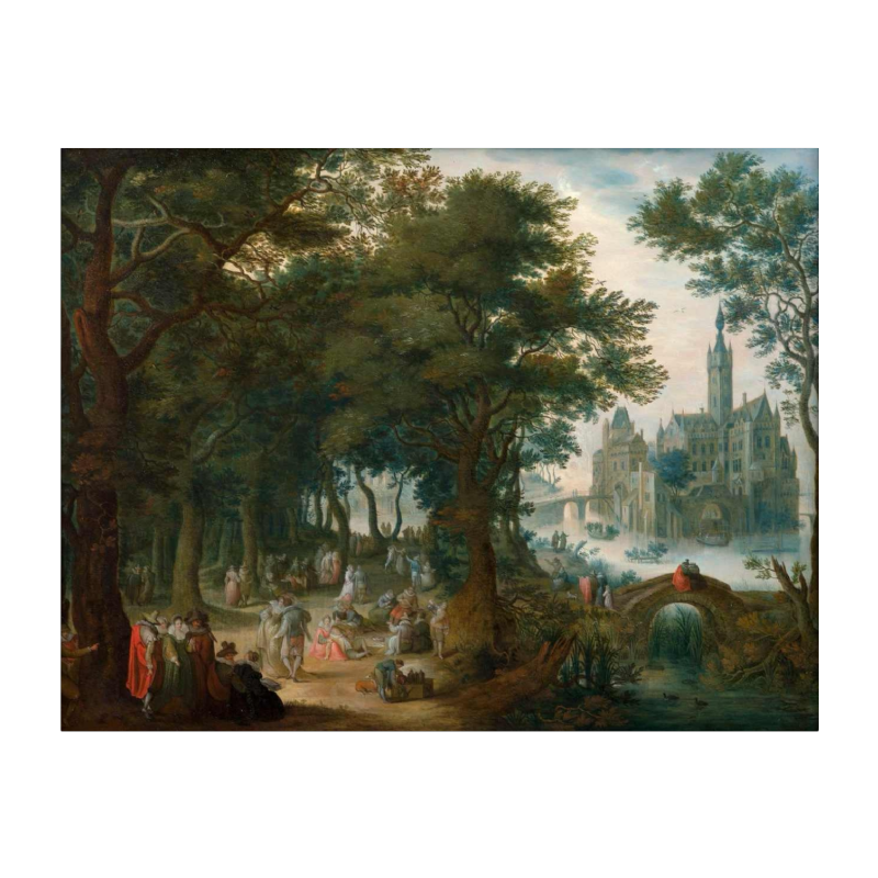 Adrian Van STALBEMPT "Les loisirs nobles dans le parc du château", huile sur cuivre, école flamande XVIIe s